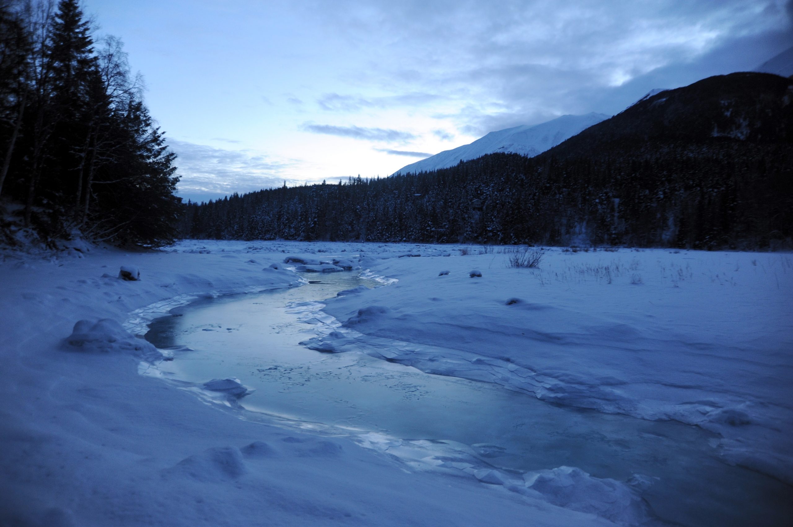 Snow-covered Juneau Alaska winter landscape with mountains