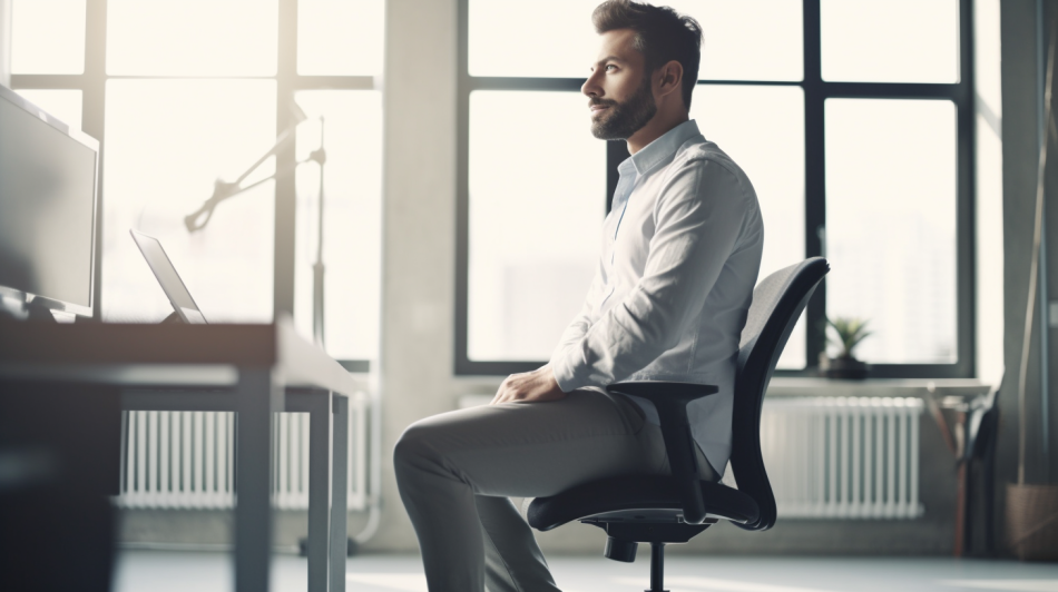 Person demonstrating proper posture at a desk with natural light for back pain prevention
